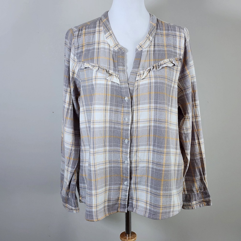 Harve Benard Plaid Button Up Womens Large Gray Ruffle Western Flannel Cottage